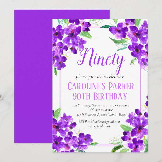 Invitation Violet rustique 90e anniversaire violet floral vio (Devant / Derrière)