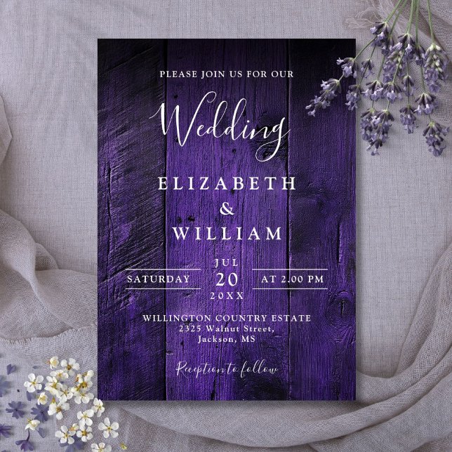 Invitation Violet Rustique Boho Élégant Mariage en bois de gr (Purple Rustic Boho Elegant Barn Wood Wedding Invitation)