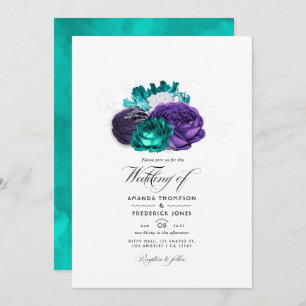 Invitation Violet rustique et Mariage floral Turquoise