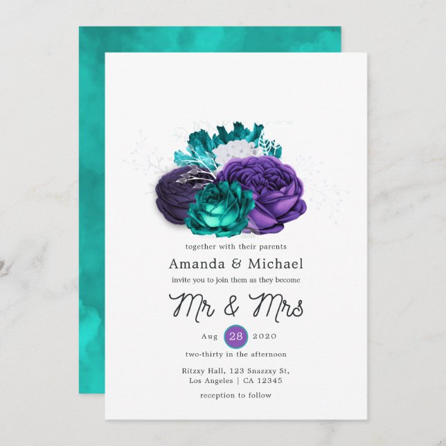Invitation Violet rustique et Mariage floral turquoise (Devant / Derrière)