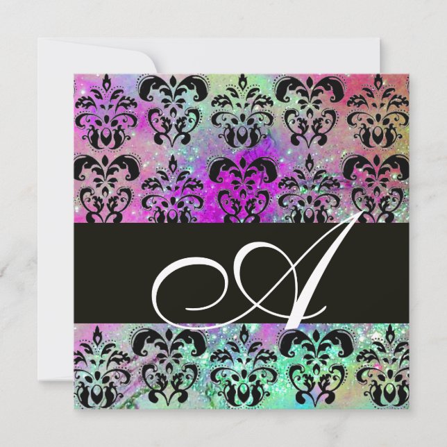 INVITATION VIOLET SARCELLE AQUA BLEU NOIR DAMAS MONOGRAMME (Devant)
