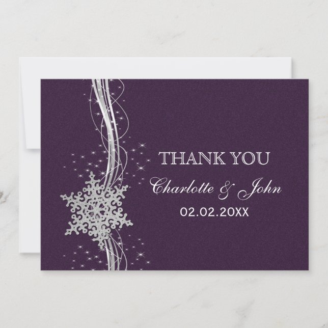 Invitation violet Silver Snowflakes Merci de mariage hivernal (Devant)