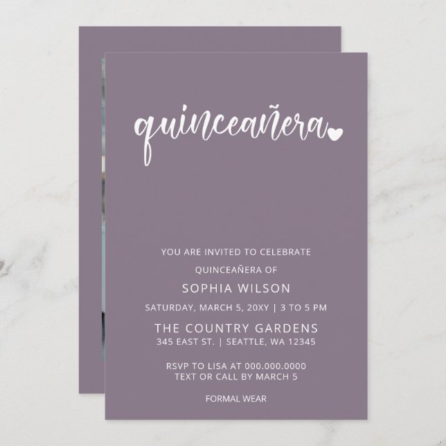 Invitation Violet Simple Script Quinceanera Photo (Devant / Derrière)