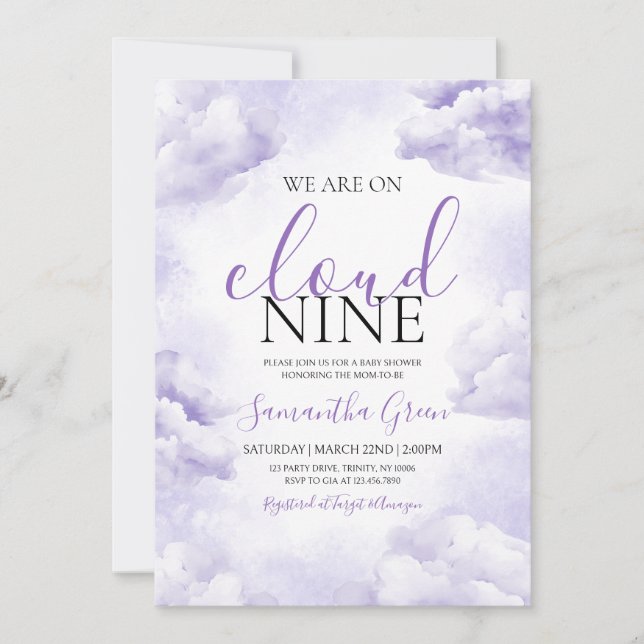 Invitation Violet sur nuage 9 Baby shower (Devant)