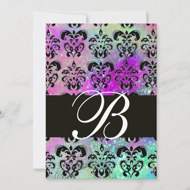 INVITATION VIOLET TEAL AQUA BLEU NOIR DAMAS MONOGRAMME (Devant)