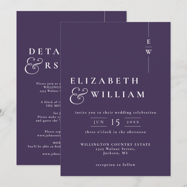 Invitation Violet tout en un moderne élégant Mariage Monogram (Devant / Derrière)
