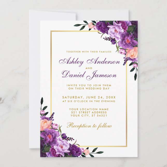 Invitation Violet Ultra Violet Floral Gold Wedding Inviter PS (Devant)