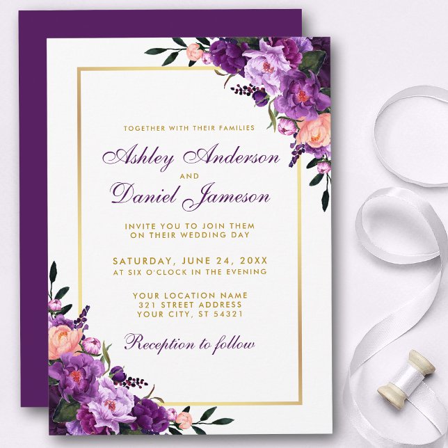 Invitation Violet Ultra Violet Floral Gold Wedding Inviter PS (Customize to change text color, style, add text & photos to back or change color of back of card.)