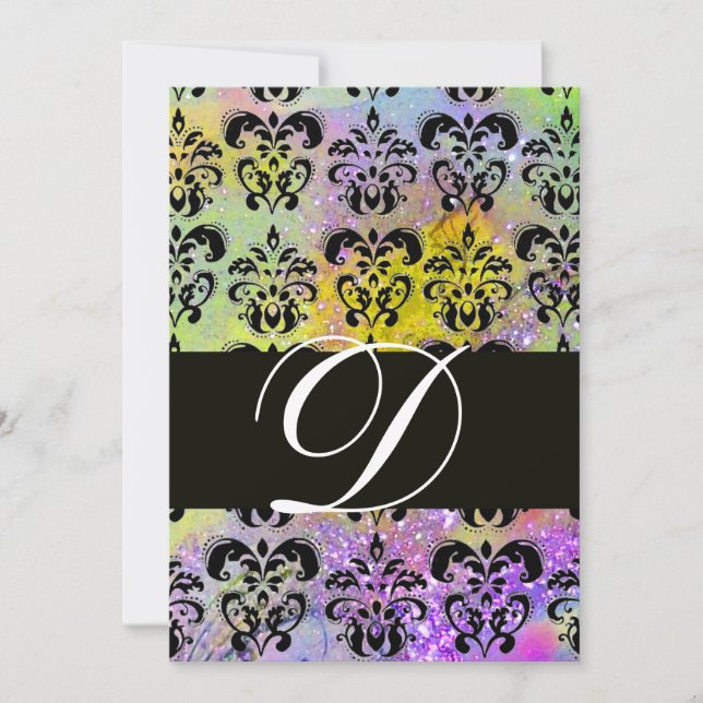 Invitation VIOLET VERT JAUNE NOIR DAMAS MONOGRAMME, blanc (Devant)