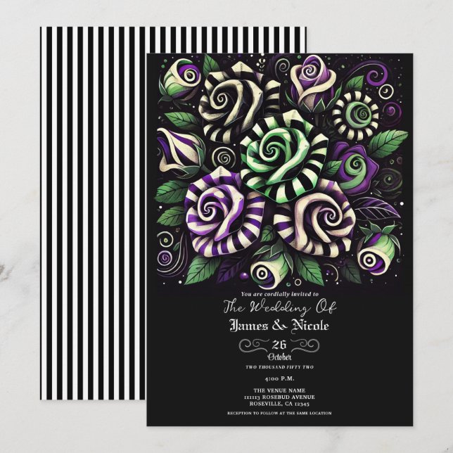 Invitation Violet Vert Noir Rayure Floral Mariage Halloween (Devant / Derrière)