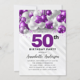 Invitation Violet violet argent Parties scintillant de ballon