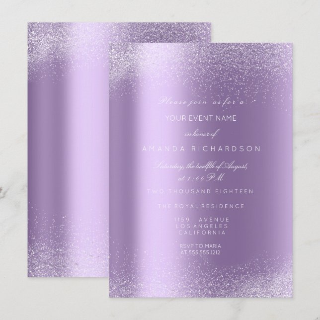 Invitation Violet Violet Blanc Paillettes Feuilles de Sable C (Devant / Derrière)