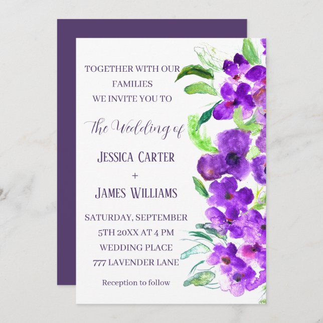 Invitation Violet violet Floral Boho Mariage d'été (Devant / Derrière)
