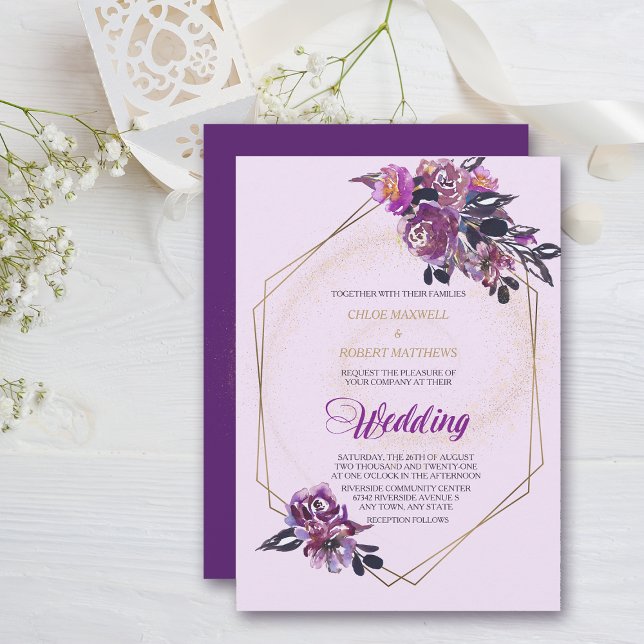 Invitation Violet violet Floral Gold Frame Mariage (Créateur téléchargé)