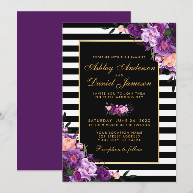 Invitation Violet violet Floral or noir rayures Mariage BP (Devant / Derrière)