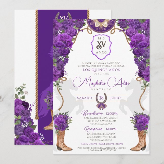 Invitation Violet violet Floral Ouest Charro Quinceañera (Devant / Derrière)