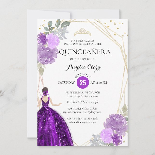 Invitation Violet violet Floral Photo géométrique Quinceañera (Devant)