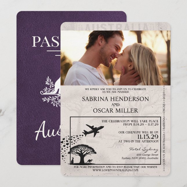 Invitation Violet violet Mariage du passeport australien (Devant / Derrière)