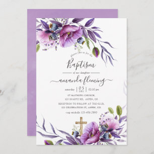 Invitation Violet Violet Pavot Floral Baptême