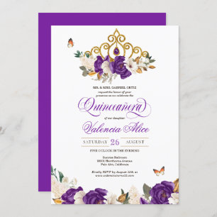 Invitation Violet violet Rose papillon Or Tiara Quince