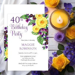 Invitation Violets de Roses Jaunes Floral 40ème Mariage Anniv