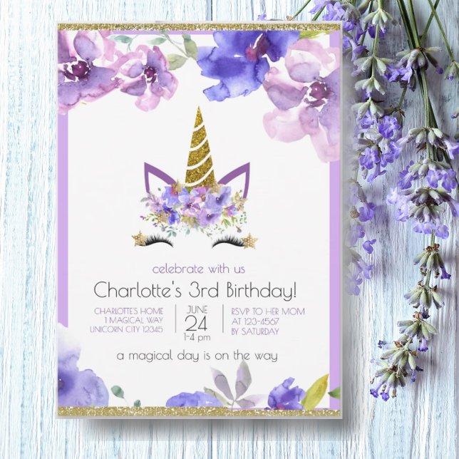 Invitation Violets frais | Unicorn Fille violette fête d'anni (Créateur téléchargé)