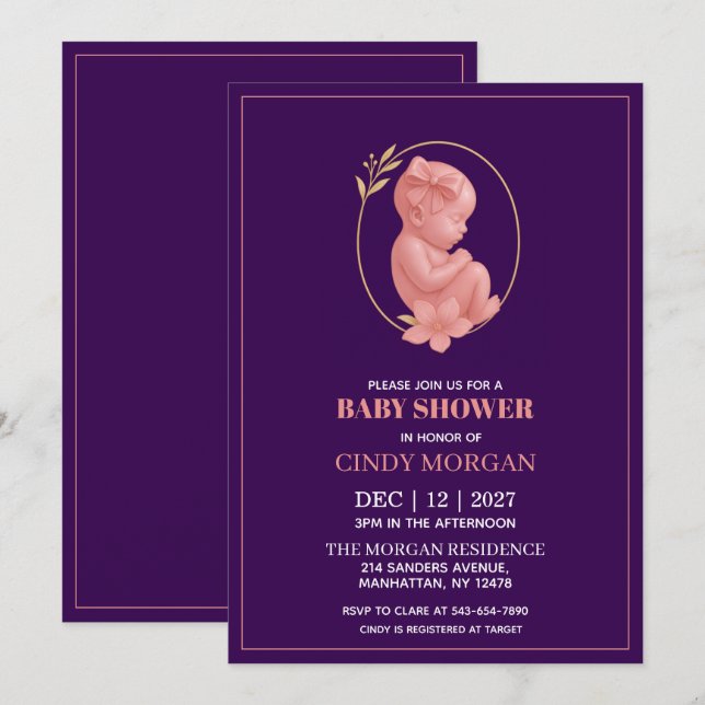 Invitation Violette - Baby Shower (Devant / Derrière)