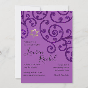 Invitation violette bat mitzvah Motif Scroll