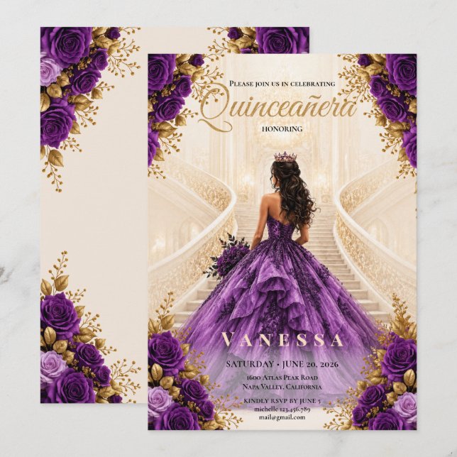 Invitation violette et dorée pour Quinceanera (Devant / Derrière)