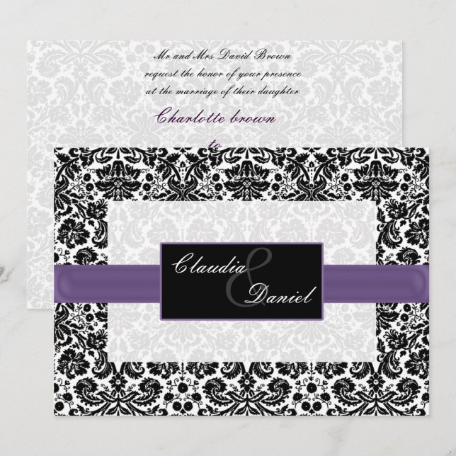 invitation violette mariage damassé (Devant / Derrière)