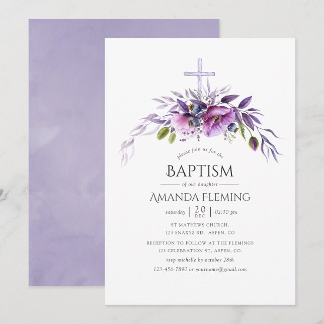 Invitation Violette Poussiéreuse Poppy Floral Baptême (Devant / Derrière)