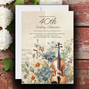 Invitation Violon Ancien Fleurs Bleu Poussiéreux 40e Annivers