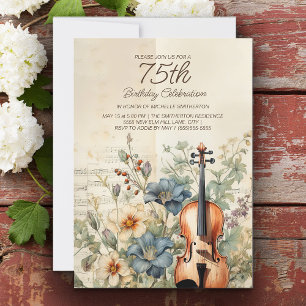 Invitation Violon Ancien Fleurs Bleu Poussiéreux 75e Annivers