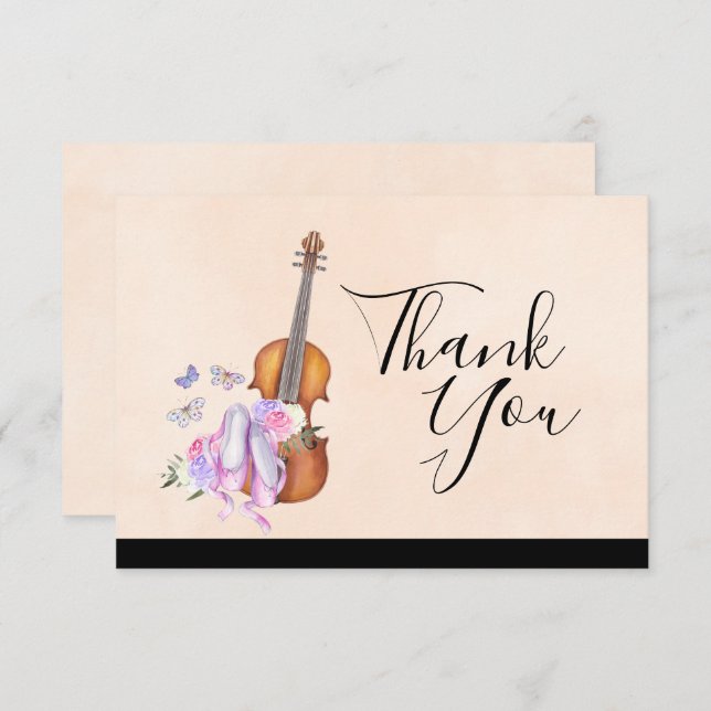 Invitation Violon, Chaussures de Ballet, Fleurs et Papillons (Devant / Derrière)