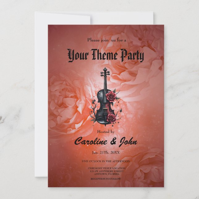 Invitation Violon noir gothique aux roses rouges (Devant)