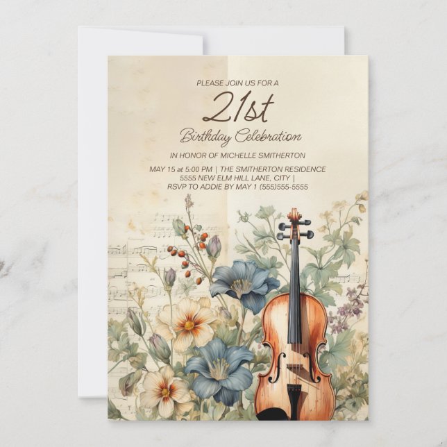 Invitation Violon vintage Dusty Blue Flowers 21e anniversaire (Devant)
