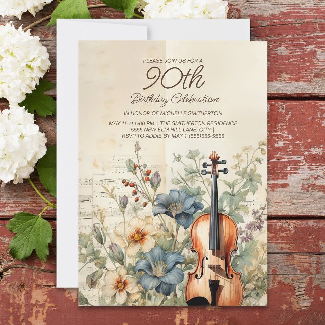 Invitation Violon vintage Dusty Blue Flowers 90e anniversaire (Vintage violin 90th birthday party invitation for women. )