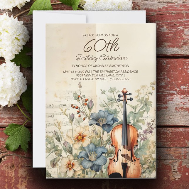 Invitation Violon Vintage Fleurs Bleu Poussiéreux 60e Anniver (Vintage violin 60th birthday party invitation for women.)