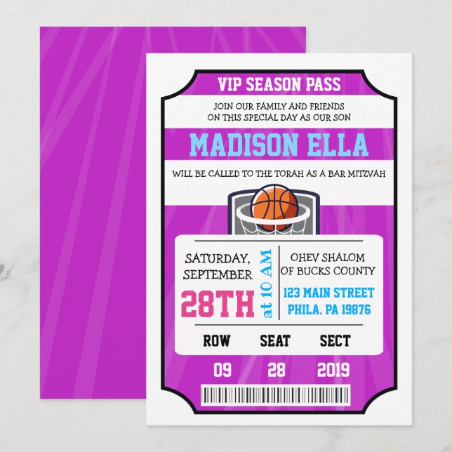 Invitation VIP BASKETBALL Bar Mitzvah (Devant / Derrière)