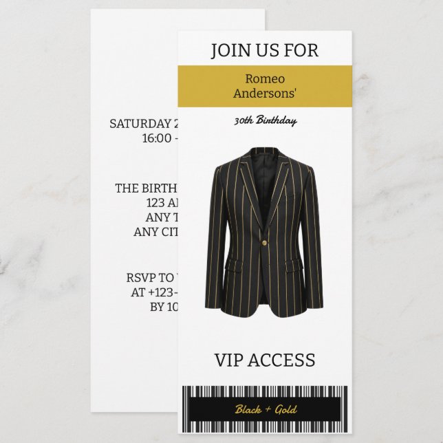 Invitation VIP Costume Noir Or 30ème Anniversaire (Devant / Derrière)