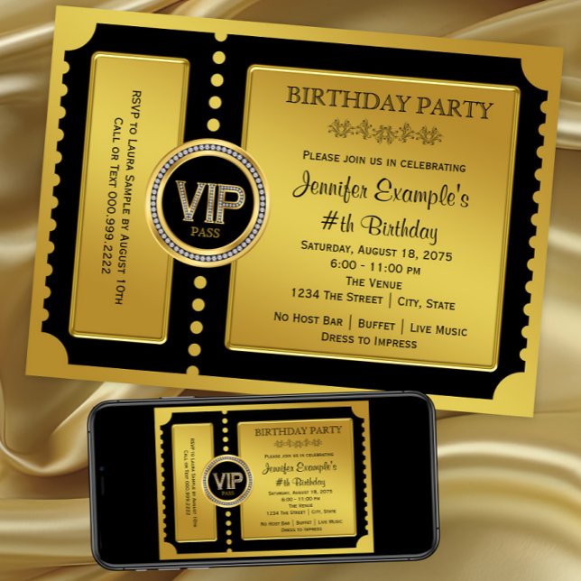 Invitation VIP Golden Ticket fête d'anniversaire (Black gold VIP ticket invitation for any number birthday or event. Digital and printed.)