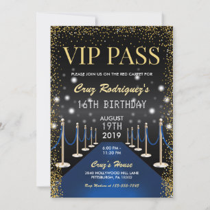 Invitation VIP Pass Hollywood Blue Red Carpet Anniversaire