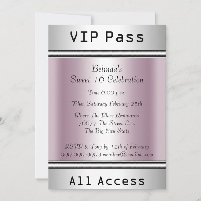 Invitation VIP pass Sweet 16 Anniversaire fête Rose blanc (Devant)