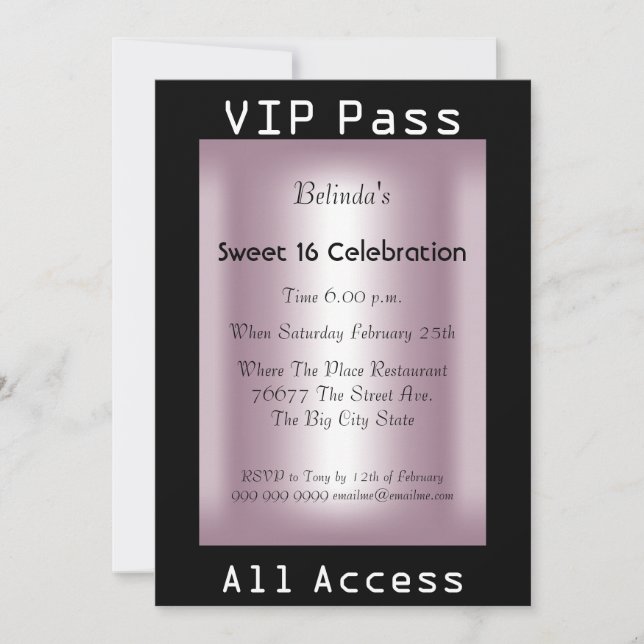 Invitation VIP pass Sweet 16 Anniversaire Fête Rose Noir (Devant)