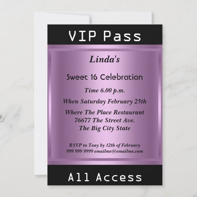 Invitation VIP pass Sweet 16 Anniversaire fête violet (Devant)