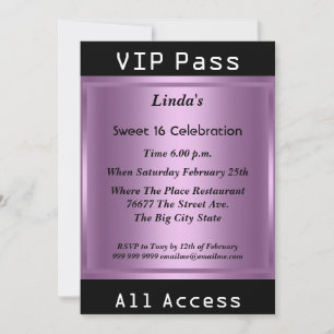 Invitation VIP pass Sweet 16 Anniversaire fête violet