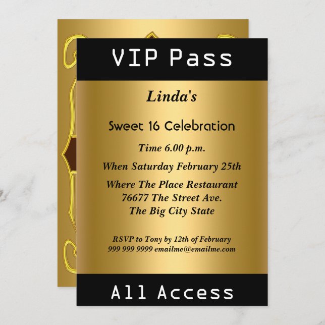 Invitation VIP pass Sweet 16 Anniversaire Party Gold (Devant / Derrière)