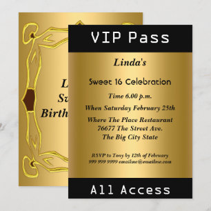 Invitation VIP pass Sweet 16 Anniversaire Party Gold