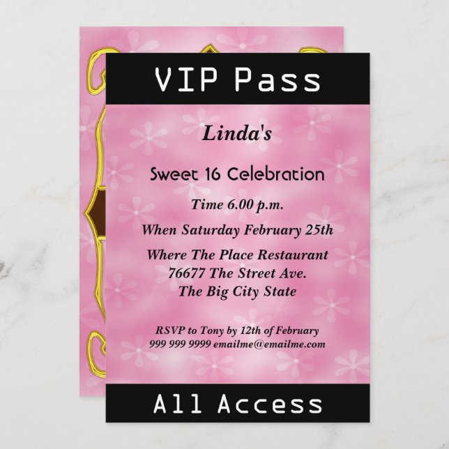 Invitation VIP pass Sweet 16 Anniversaire Pink (Devant / Derrière)