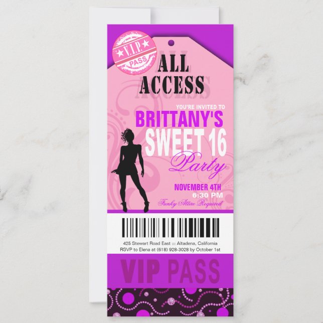 Invitation VIP Sweet 16 rose et violet Ticket Party (Devant)
